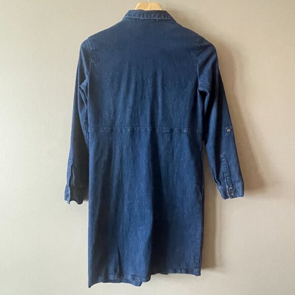 Women's XS J.Jill Denim Midi Blue Jean Dress Roll Tab Sleeves Collared Buttons - Picture 3 of 9